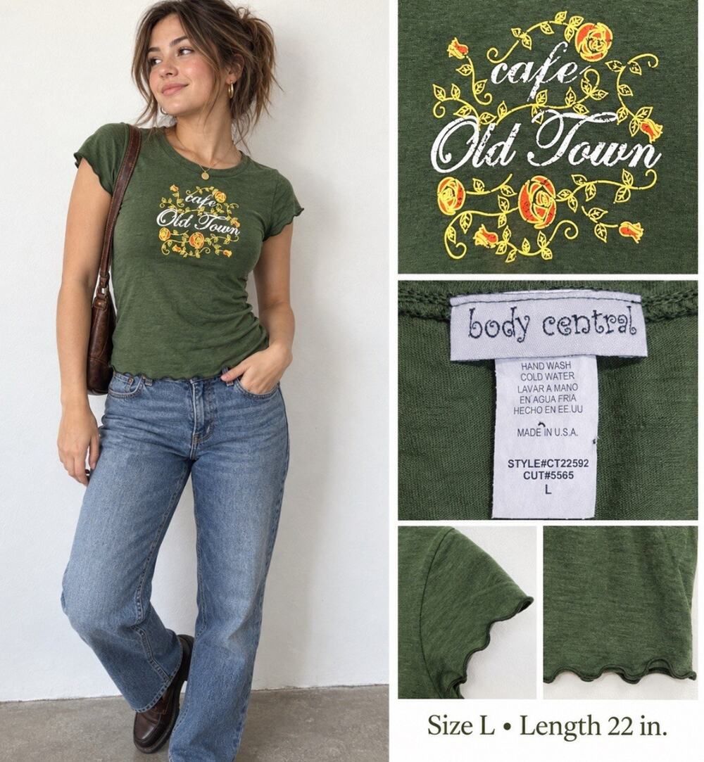 Y2K Body Central Women's Cafe Old Town Graphic Tee Size Large Olive Green 2000s
